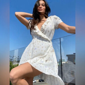 Azitzia Sunday Best Ruffle Wrap Puff Sleeve Mini Tie Waist Floral Dress Women